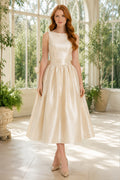 Ivory Sleeveless Satin Tea-Length Dress with Full Skirt and Bow Back front view