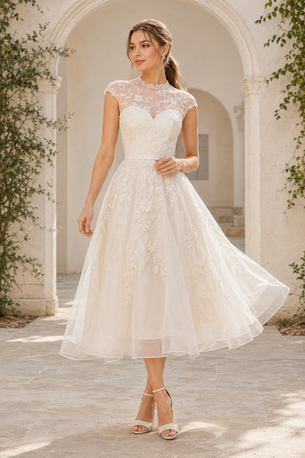 Ivory Illusion Bateau Neck Cap Sleeve Lace Tulle Tea-Length Wedding Dress with Illusion Lace Bodice and Tulle Midi Skirt fron