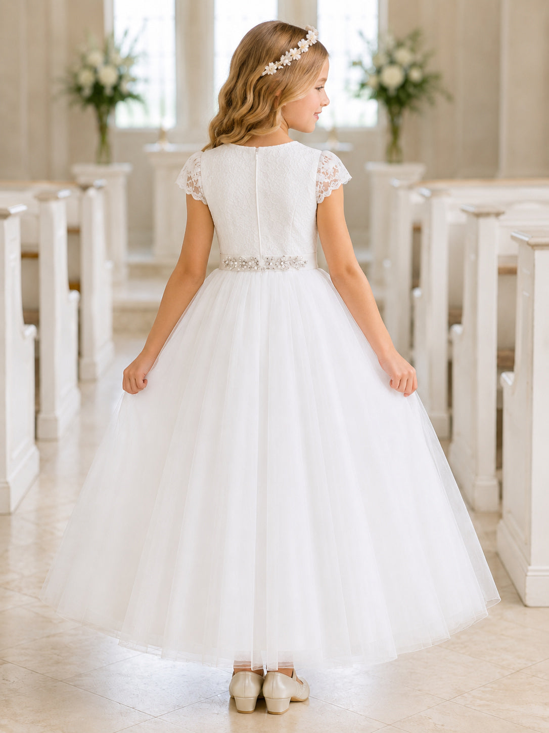 White Crystal Tulle Jewel Neck Short Cap Sleeve Crystal Sash Ankle Length Communion Flowergirl Dress back view