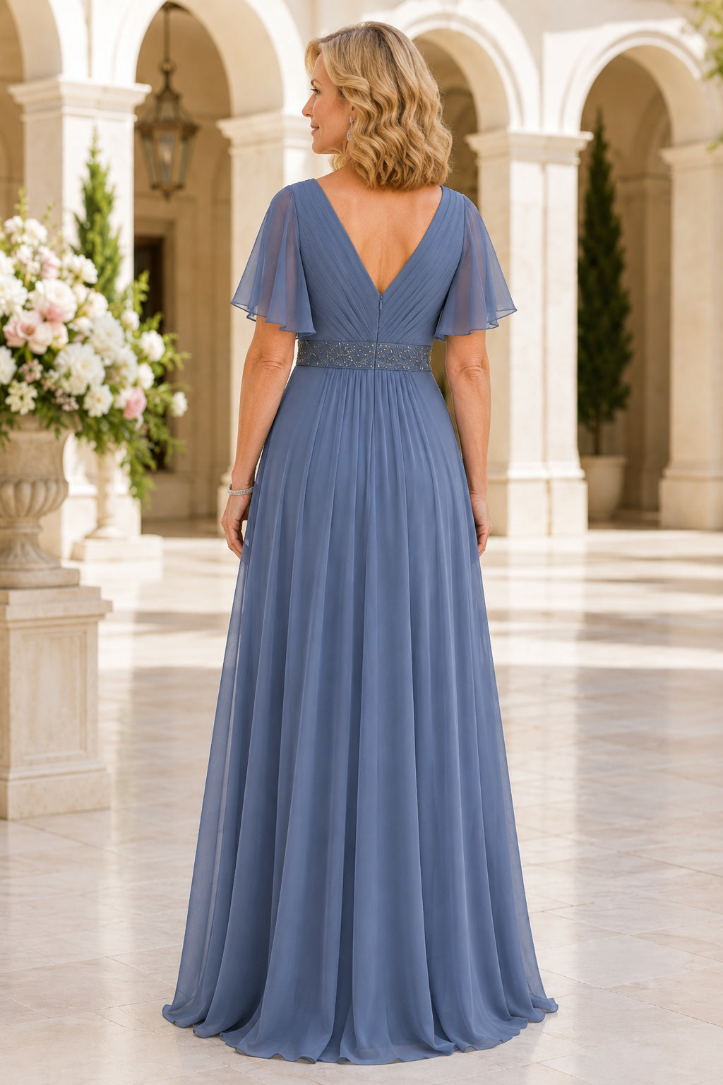 Steel Blue V-Neck Chiffon Mother Dress with Flutter Sleeves and Beaded Waist for Evening Reception Style MG_300460 back view
