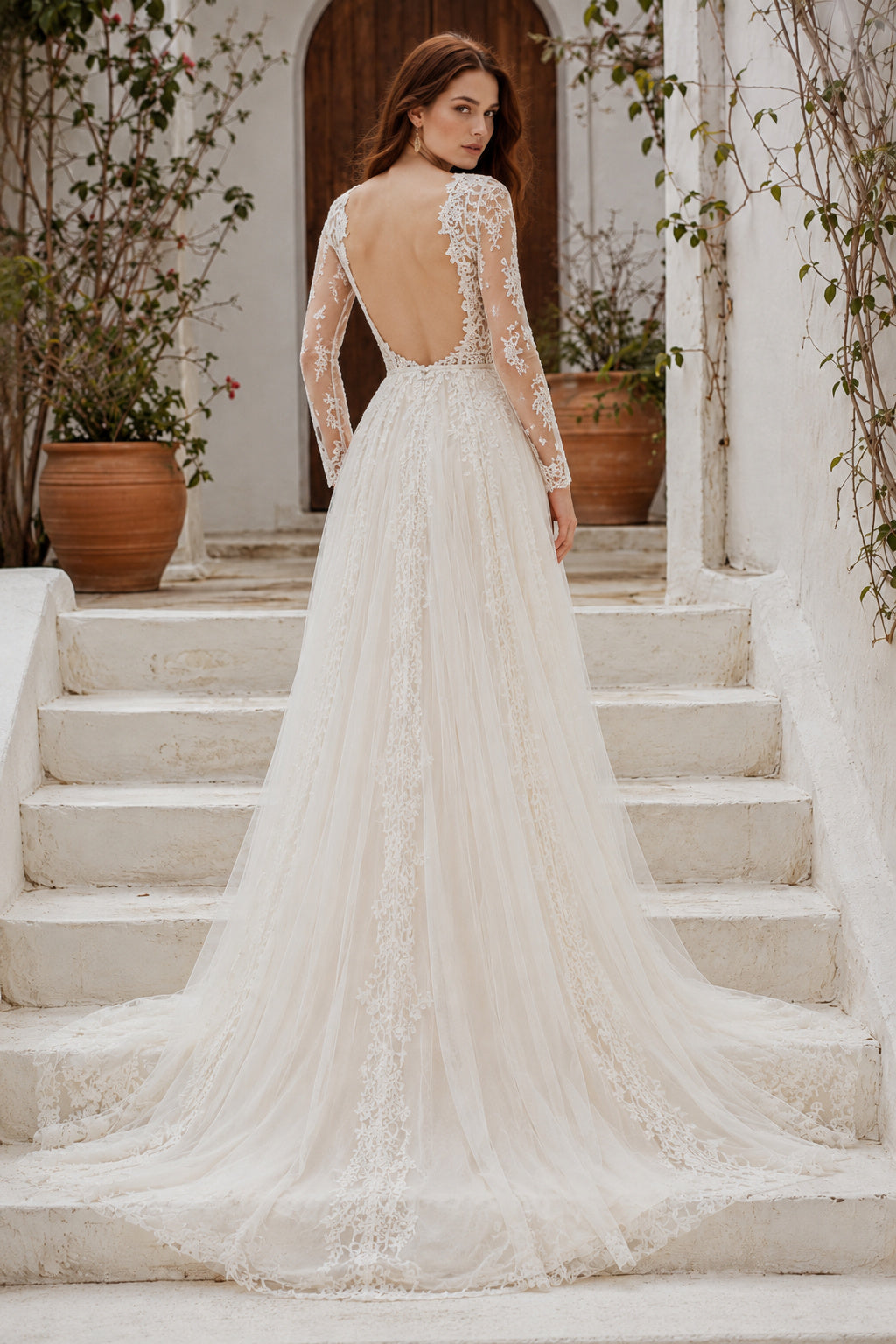 Ivory Romantic High Neck A-Line Soft Tulle Wedding Dress with Long Lace Sleeves and Chapel Train back view