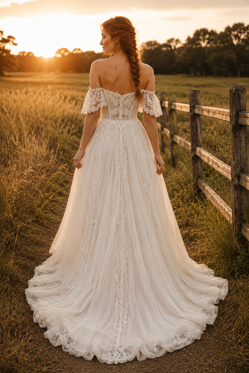 Ivory Off-the-Shoulder Lace Bodice A-Line Wedding Dress with Flutter Sleeves back view