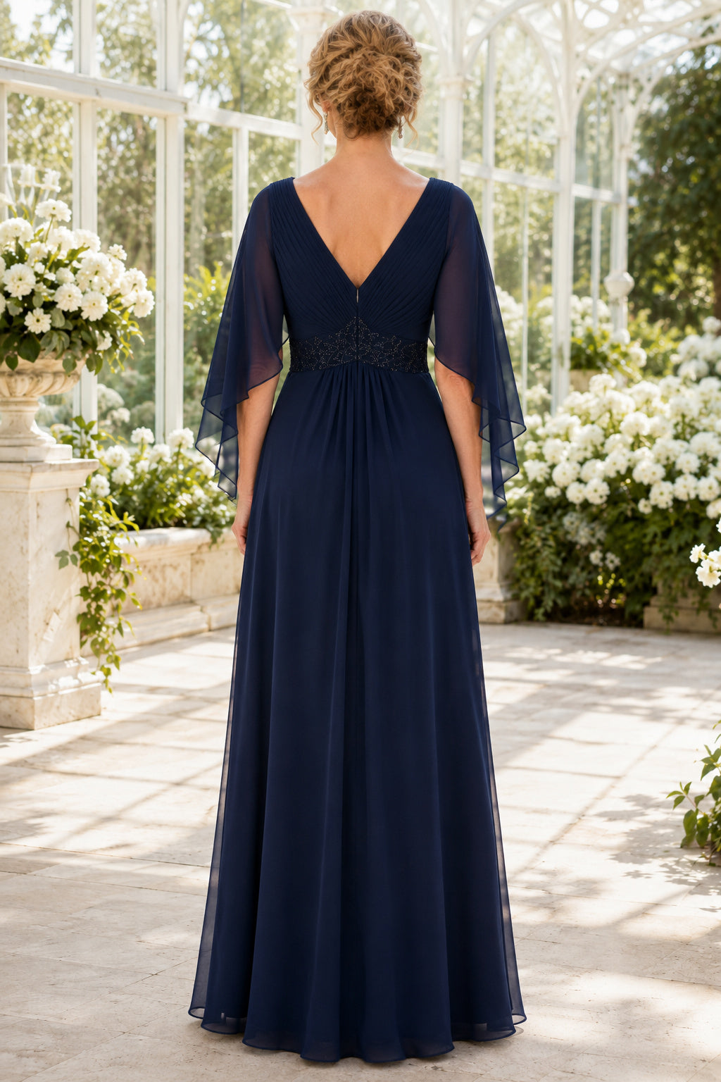 Dark Navy V-Neck Chiffon Mother Dress with Flutter Cape Sleeves and A-Line Skirt back view