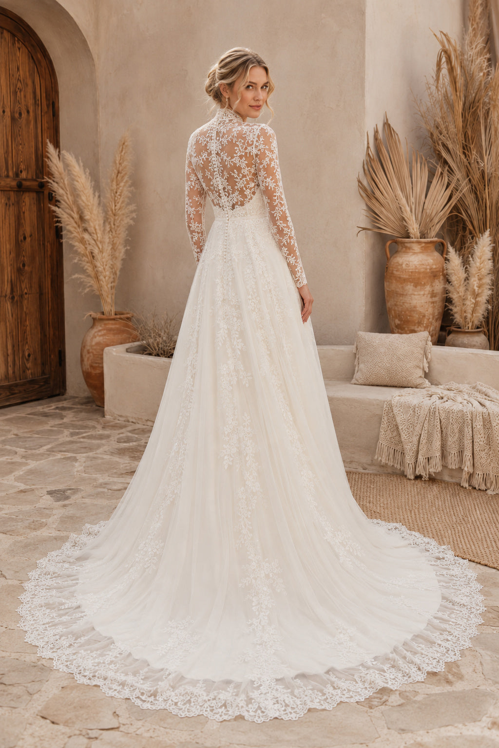 Ivory High Neck Long Sleeve Lace A-Line Wedding Dress with Illusion Back and Chapel Train back view