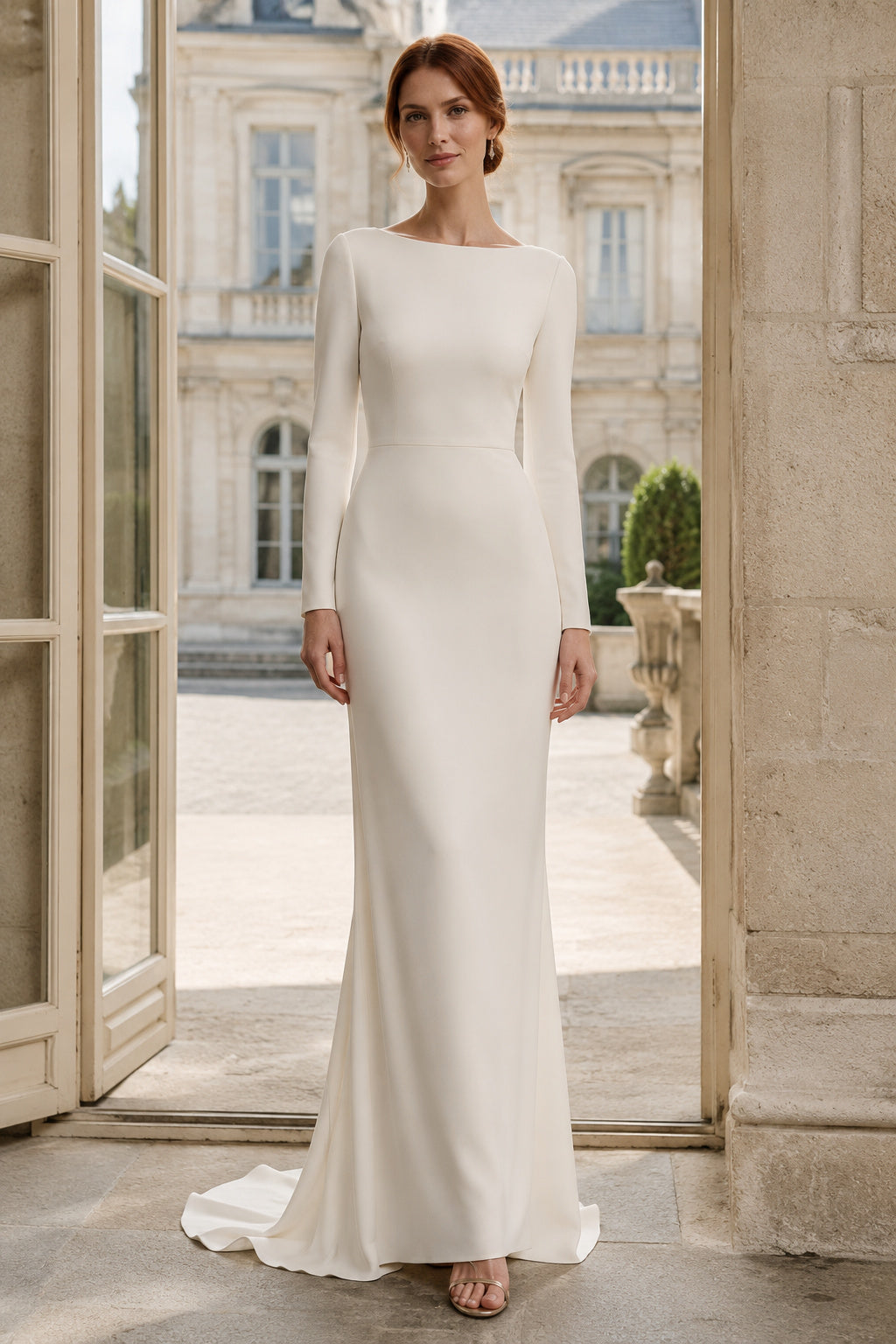 Ivory Long Sleeve Minimalist Mermaid Wedding Dress with Bateau Neck front view