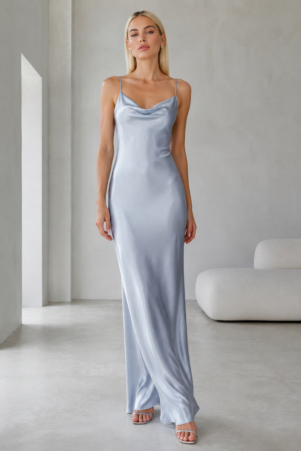Sky Blue Cowl Neck Satin Slip Evening Dress front view