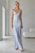 Sky Blue Cowl Neck Satin Slip Evening Dress front view