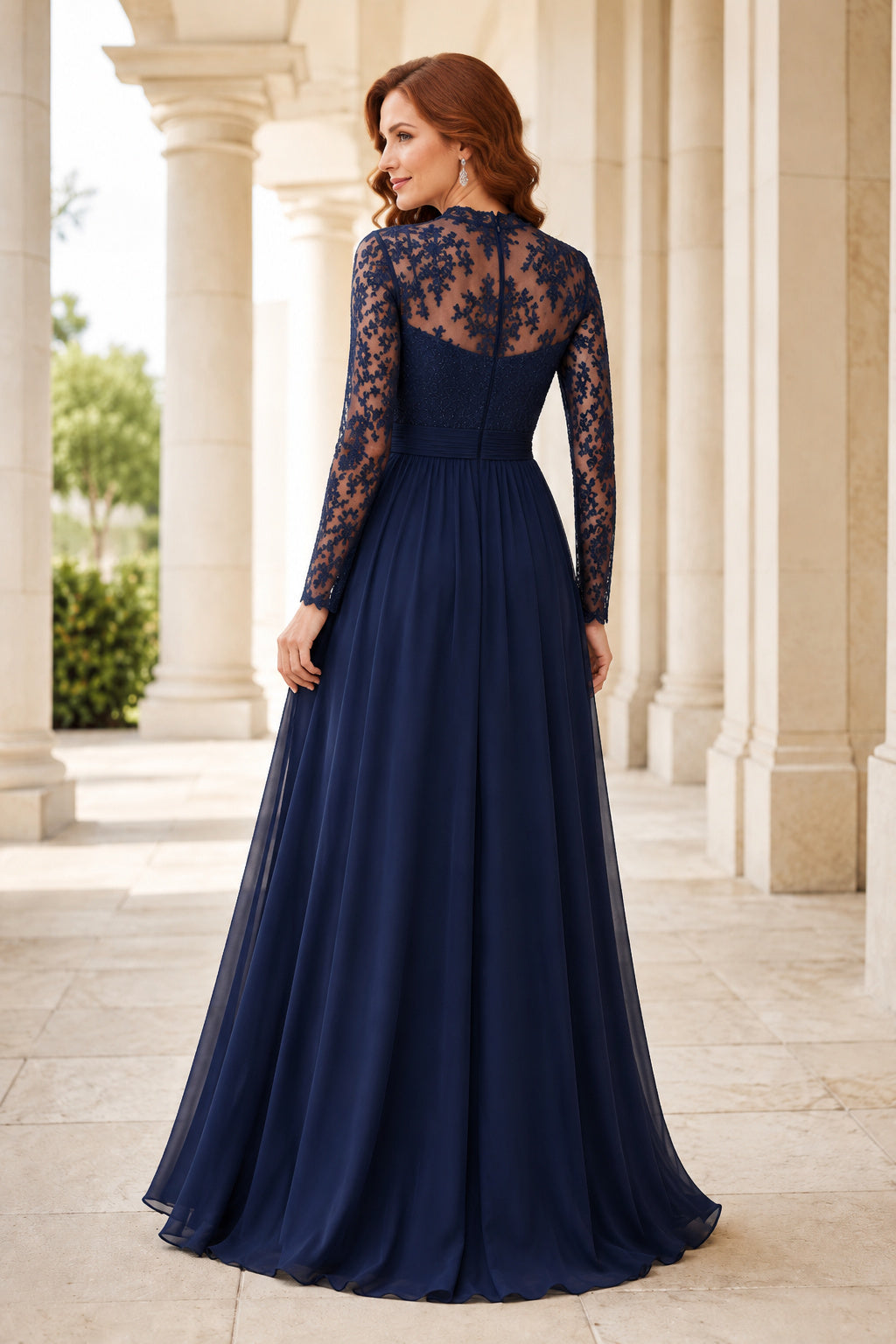 Dark Navy Long Sleeve Lace Bodice A-Line Mother Dress with Chiffon Skirt back view