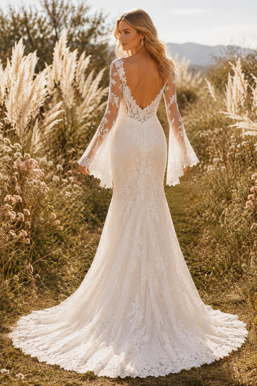 Ivory Long Bell Sleeve V-Neck Lace Mermaid Wedding Dress Train for Wedding Ceremony and Reception Style MG_701420 back view