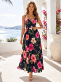 Black Spaghetti Strap Hibiscus Tropical Beach Maxi Dress front view