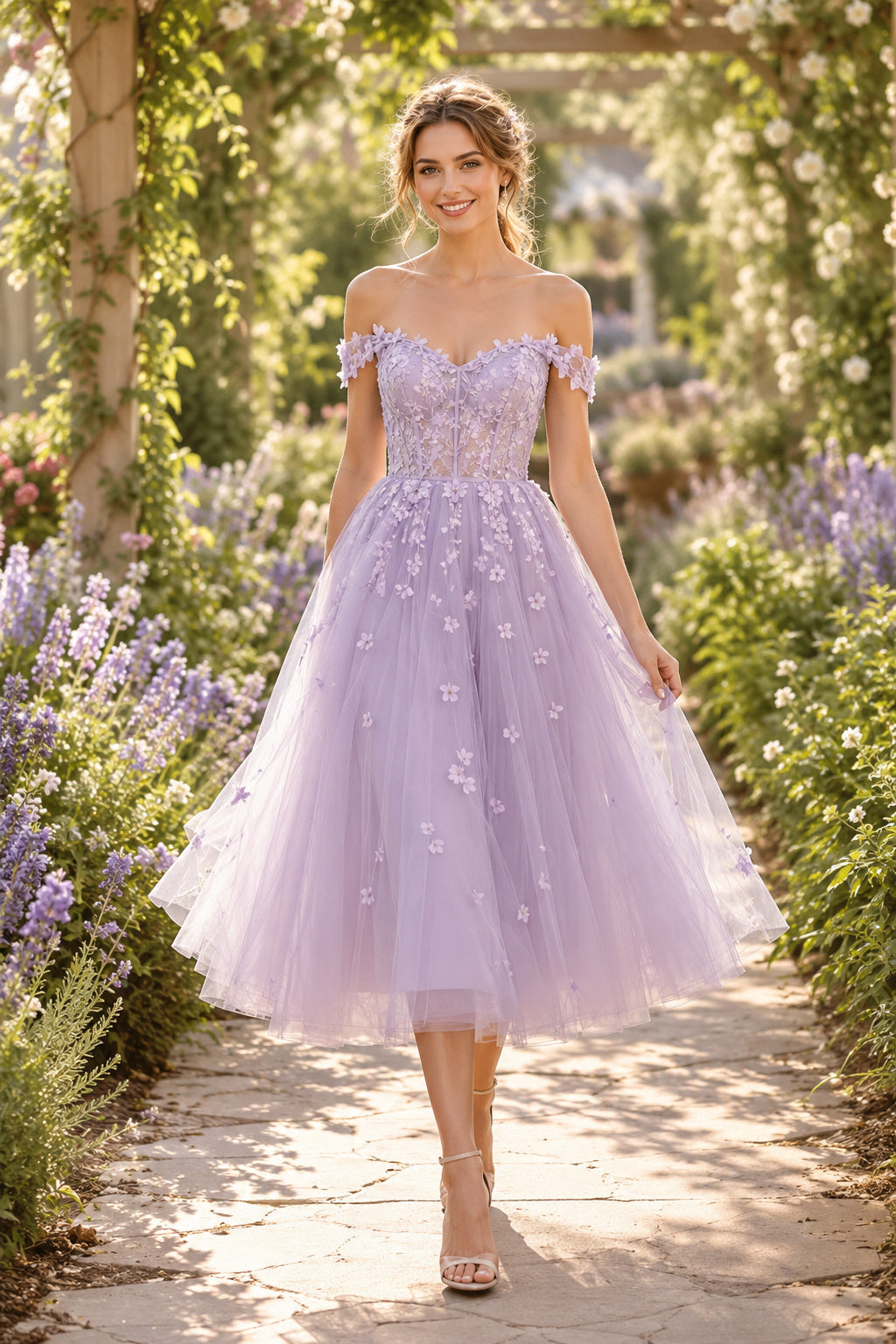Lavender Off Shoulder Lace Applique Bodice with Tulle Skirt Tea Length A-Line Homecoming Dress front view
