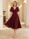 Burgundy Polished Chiffon Sheath V-neck Knee Length Cocktail Dress front view