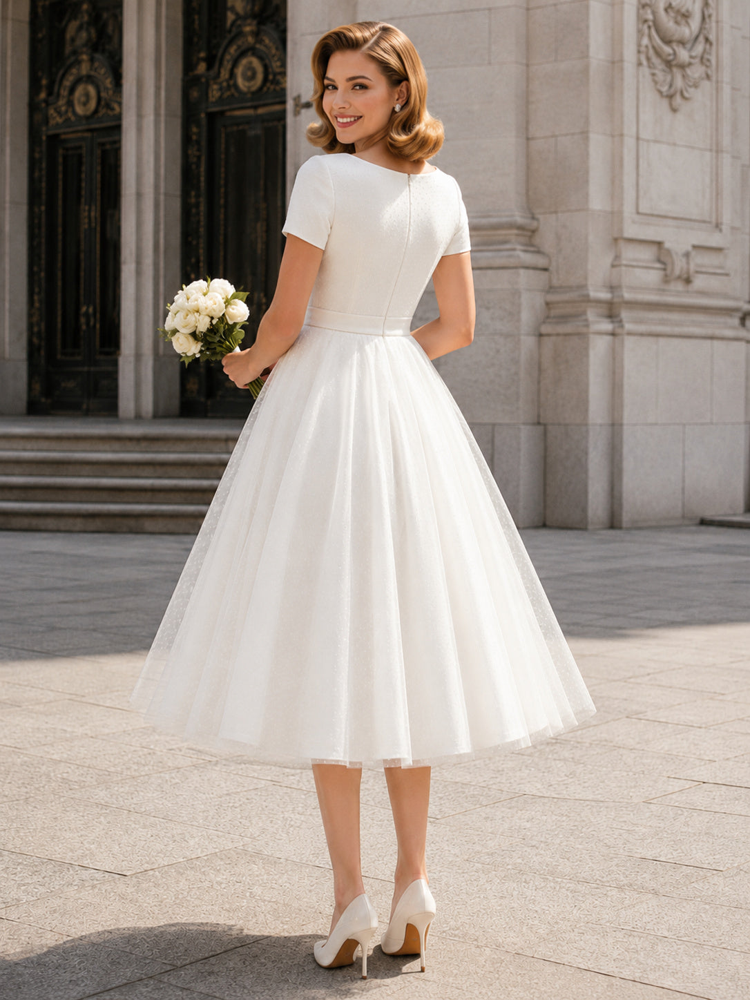 Vintage Courthouse 1950s Short Sleeve A-Line Wedding Dress back view