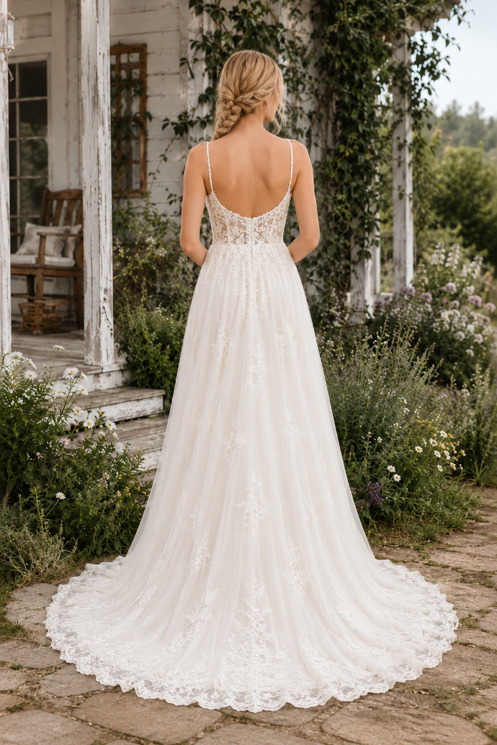 Spaghetti Strap Sweetheart A-Line Wedding Dress with Floral Lace and Tulle Train back view
