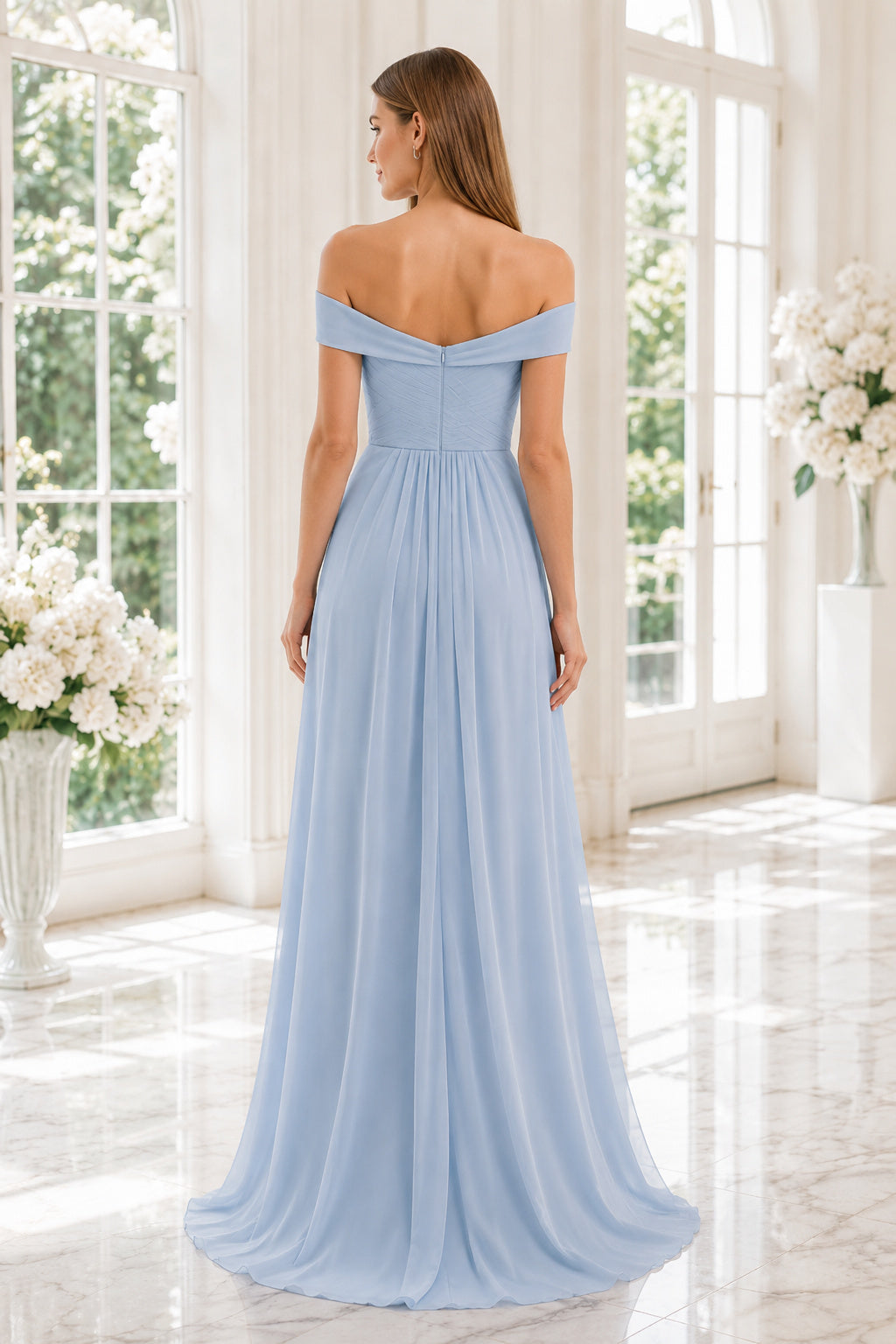 Sky Blue Off-the-Shoulder Chiffon A-Line Bridesmaid Dress with Draped Bodice back view