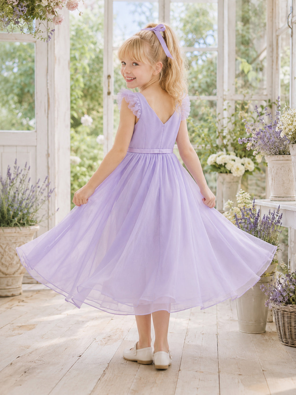 Flower Girl Dress A-Line Lilac Lightweight Breathable Chiffon Flutter Sleeve back view