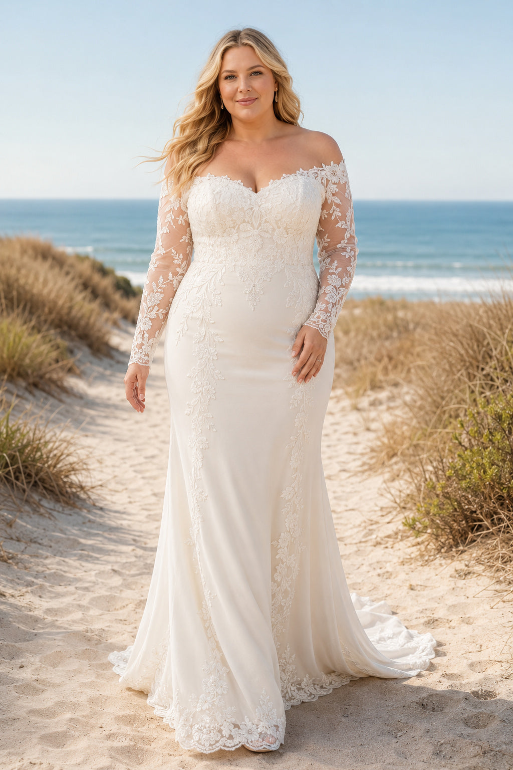Plus Size Ivory Off-the-Shoulder One Sleeve Lace Tulle Mermaid Wedding Dress with Sweep Train front view