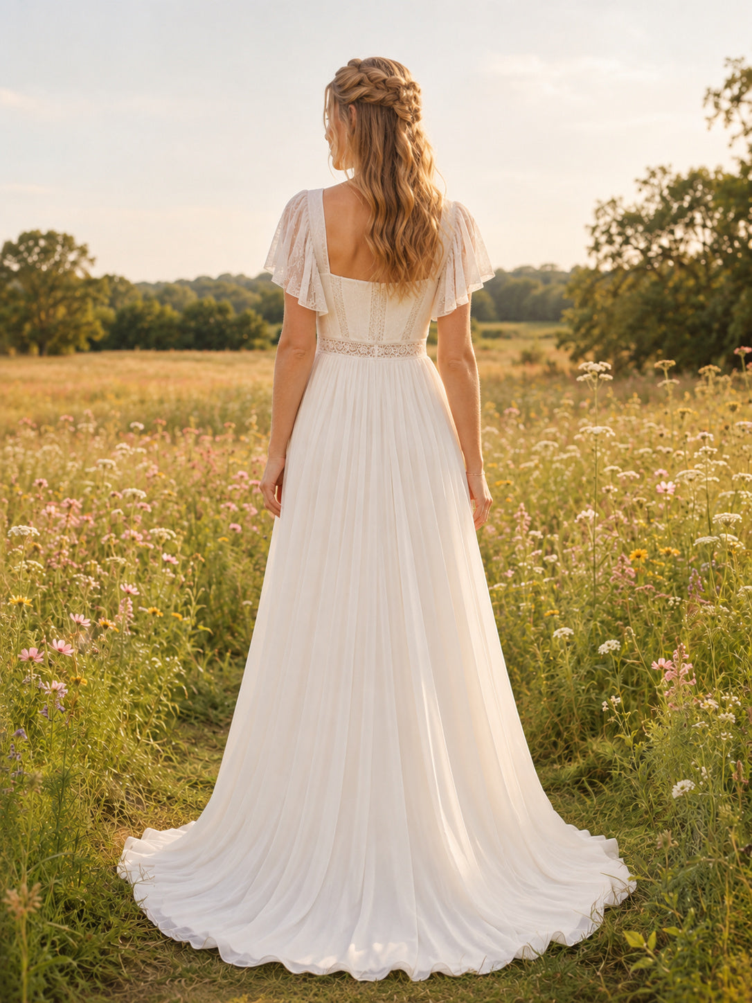 Beach Chiffon Wedding Dress A-Line V-Neck Flutter Sleeve Sweep Train with Slit Bridal Gown back view
