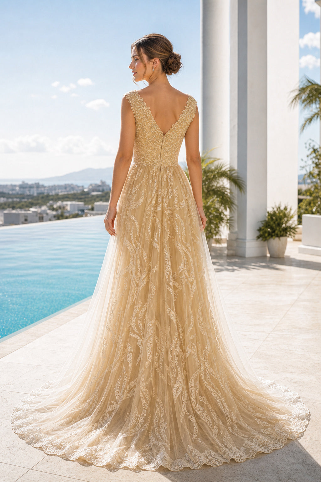 Gold V-neck A-Line Lace, Tulle Floor-length Formal Dress With Lace and Train and Open Back