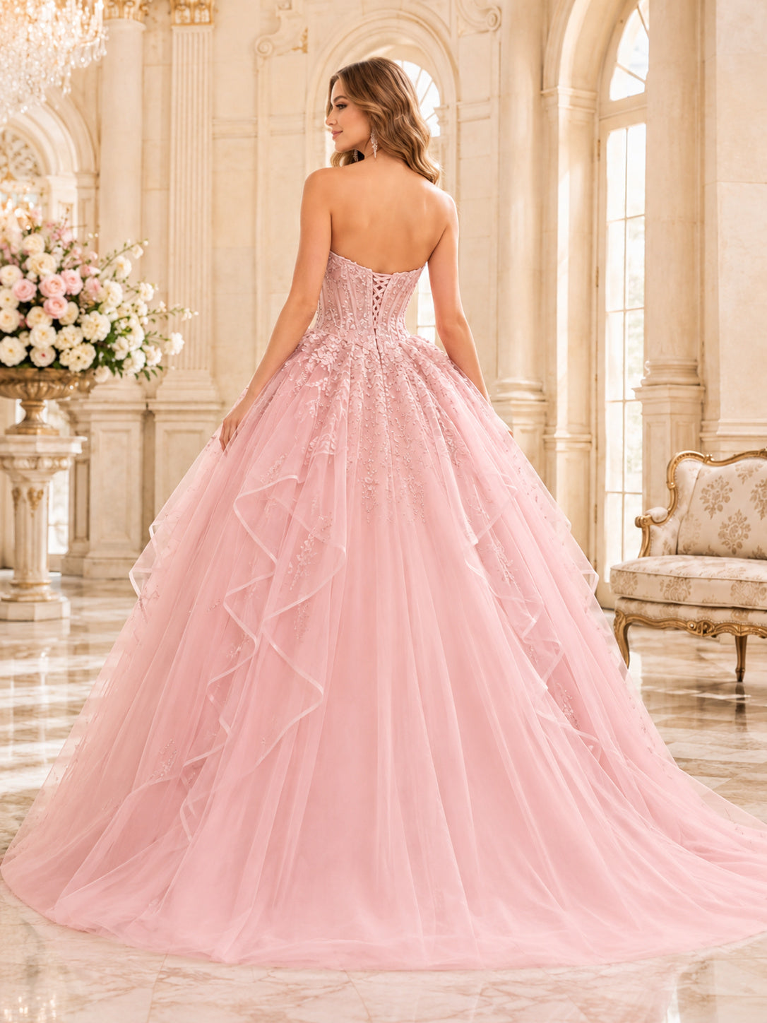 Pearl Pink Strapless Sweetheart Sequin Ruffle Tulle Ball Gown High Low Quinceanera Dress back view