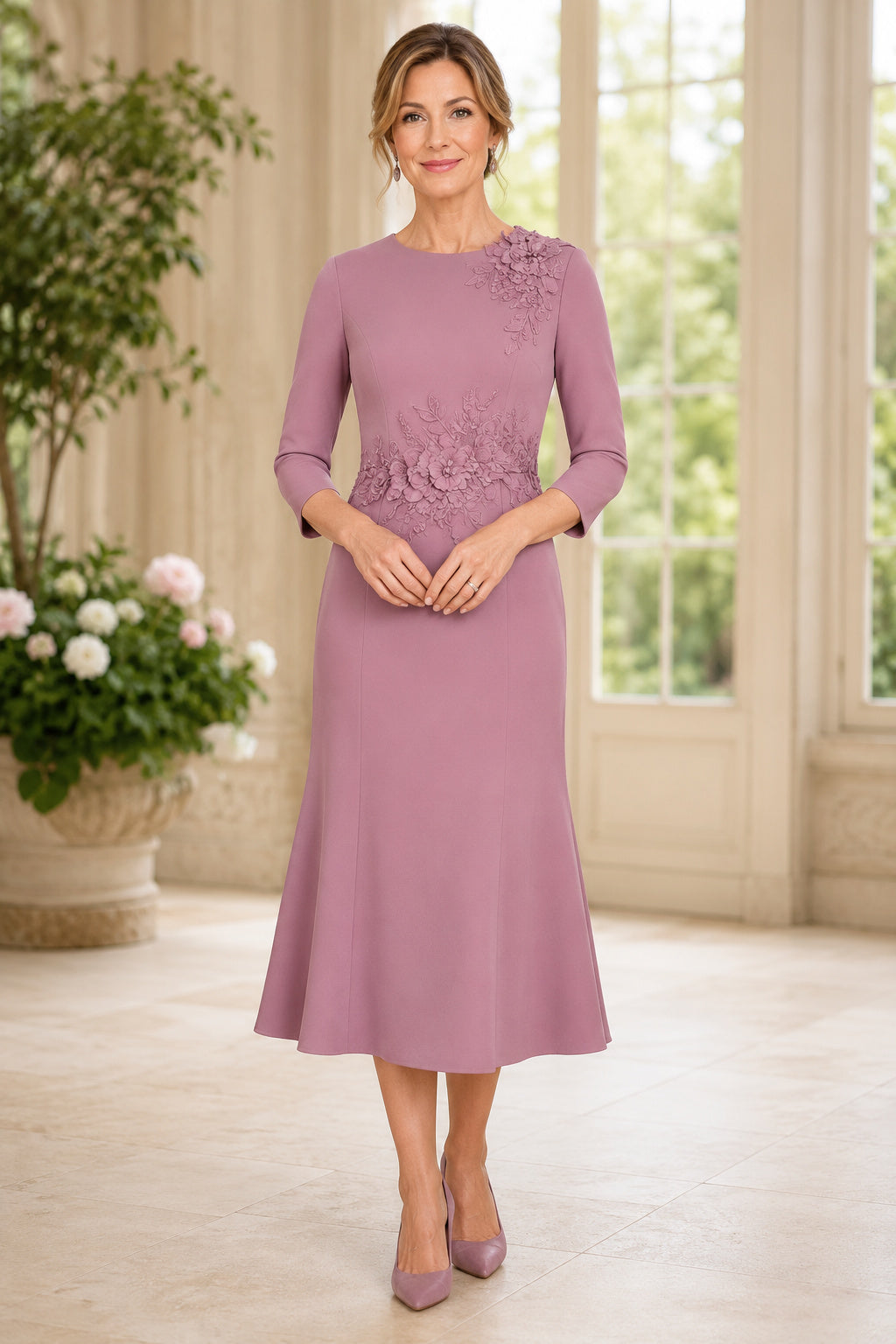 Vintage Mauve Bateau Tea Length Mother Dress with Lace Waist Applique for Evening Reception front view