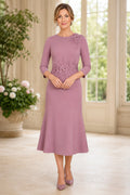 Vintage Mauve Bateau Tea Length Mother Dress with Lace Waist Applique for Evening Reception front view