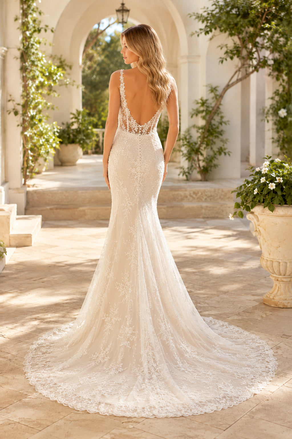 Ivory Spaghetti V-Neck Lace Mermaid Wedding Dress Sweep Train for Wedding Ceremony and Reception back view