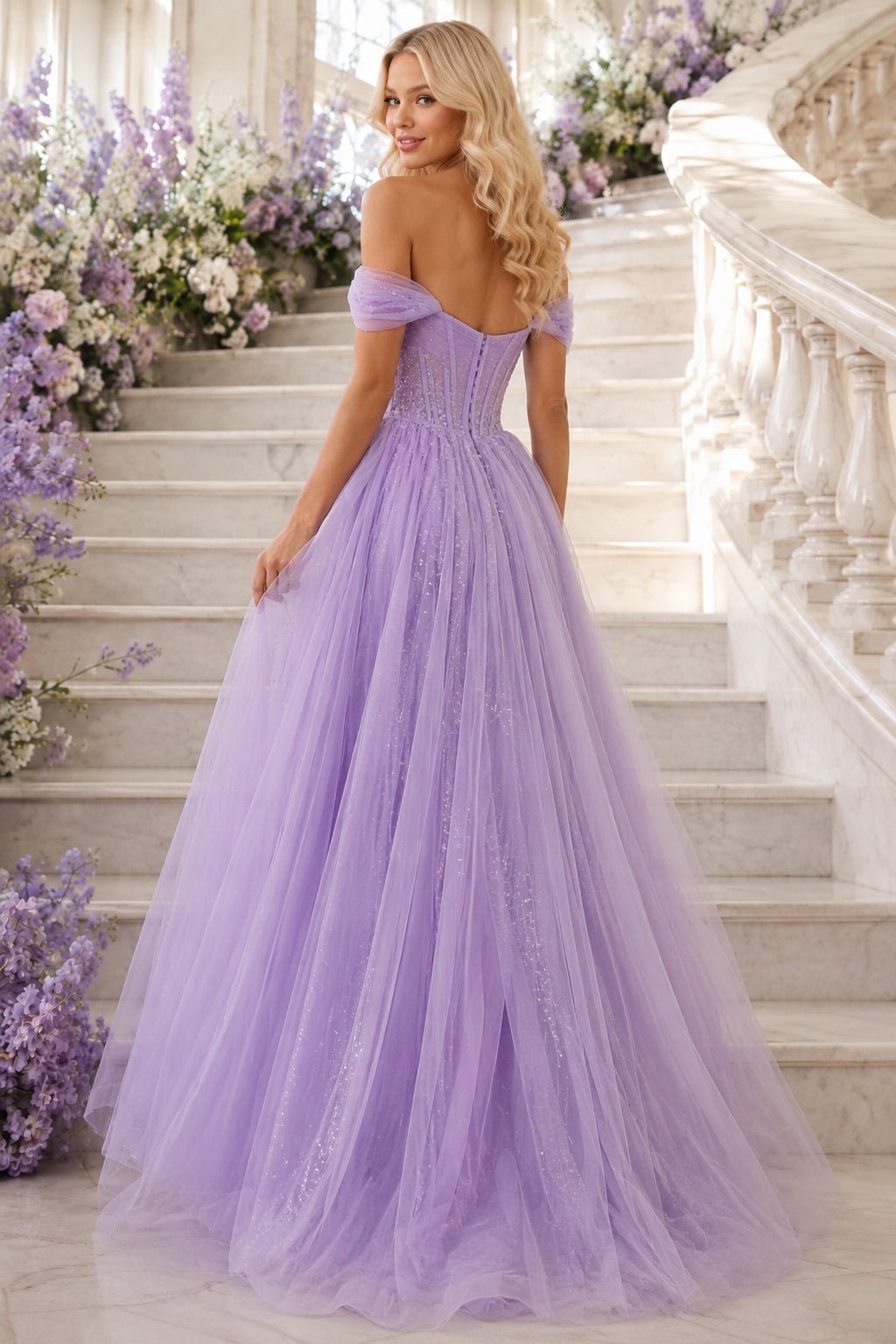 Lavender Off-the-Shoulder Tulle Prom Dress with A-Line Skirt and Front Slit back view