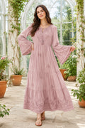 Dusty Rose Square Neck Boho Guest Dress with Bell Sleeves and Tiered Ankle Skirt front view