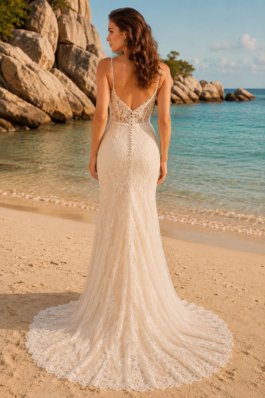 Ivory Spaghetti V-Neck Lace Mermaid Wedding Dress Split Front Chapel Train for Bridal Ceremony and Reception back view