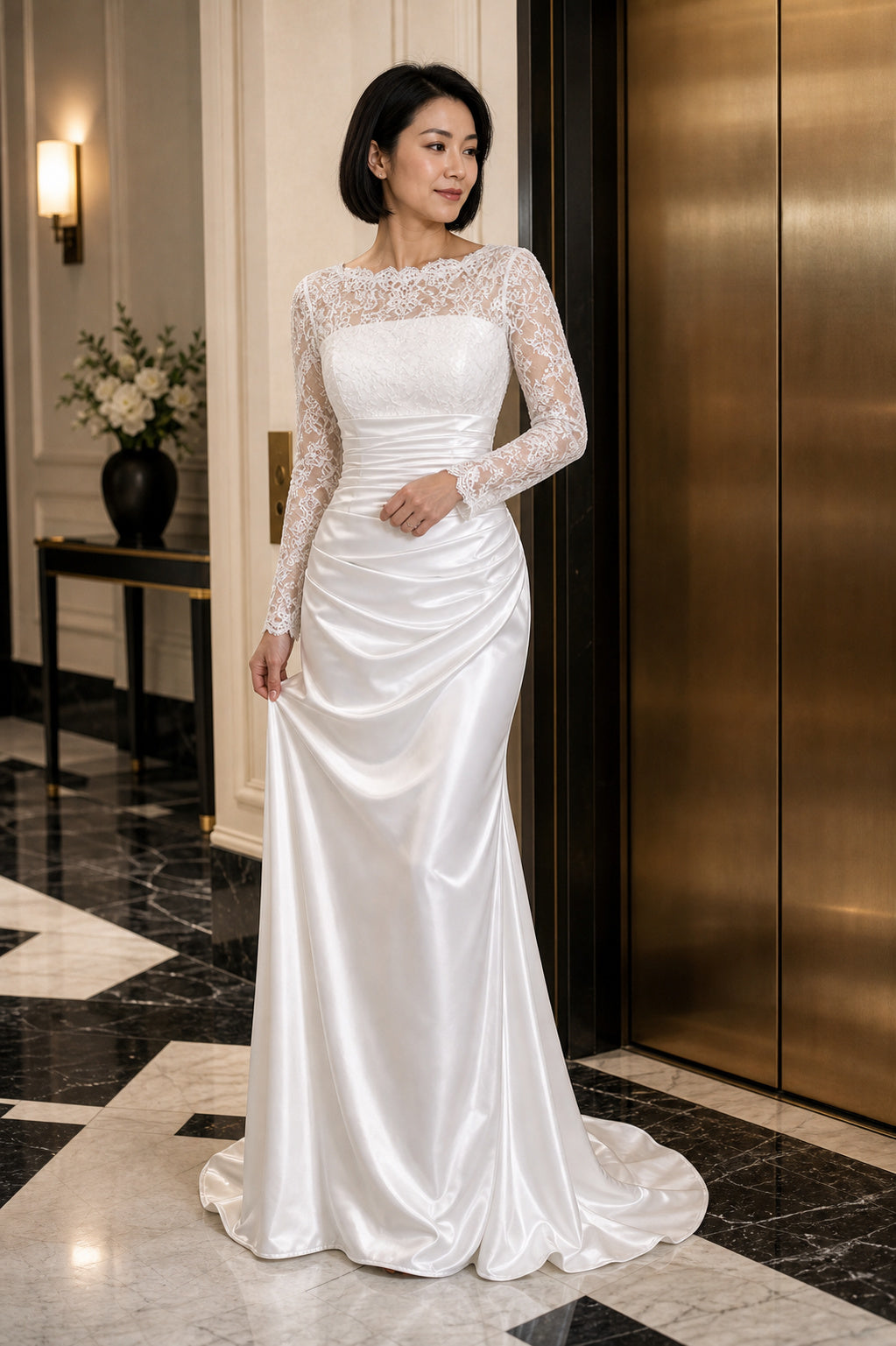 Ivory Illusion Long Sleeve Sheath Satin Floor-Length Dress With Lace Bodice