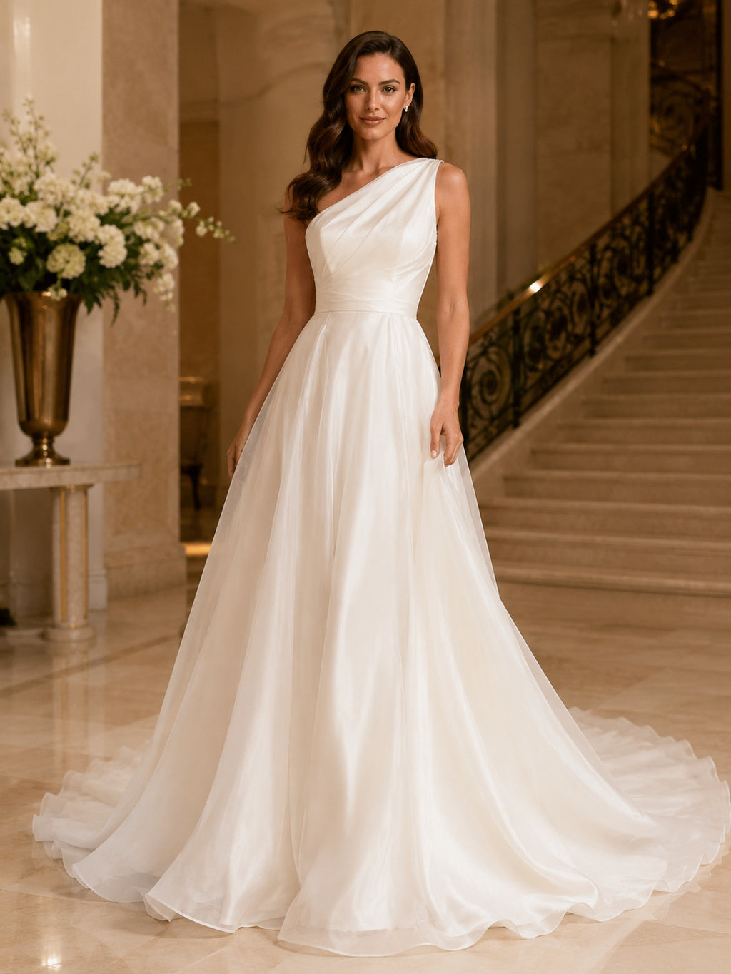 Chiffon Wedding Dress A-Line One Shoulder Sleeveless Sweep Train Bridal Gown Style 722354 front view