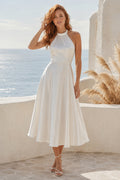 Ivory Halter Satin Tea Length Wedding Dress Keyhole Back for Wedding Reception and Party front view