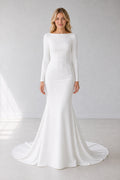 White Bateau Long Sleeves Sheath Crepe Floor-length Wedding Dress With Minimalist Train