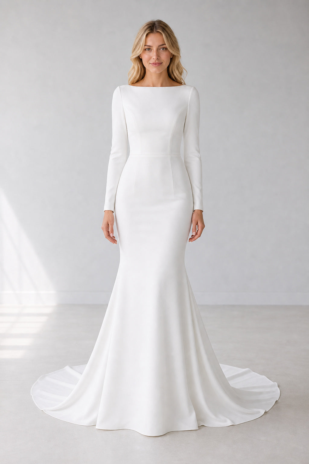 White Bateau Long Sleeves Sheath Crepe Floor-length Wedding Dress With Minimalist Train
