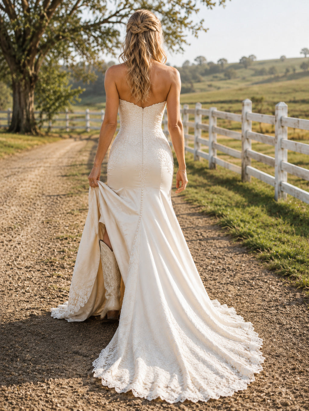 Sweetheart Satin Sheath Wedding Dress with Ruched Split Skirt and Sweep Train Simple back view
