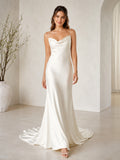 Beach Satin Wedding Dress Sheath Strapless Sweetheart Sweep Train Open Back Bridal Gown front view