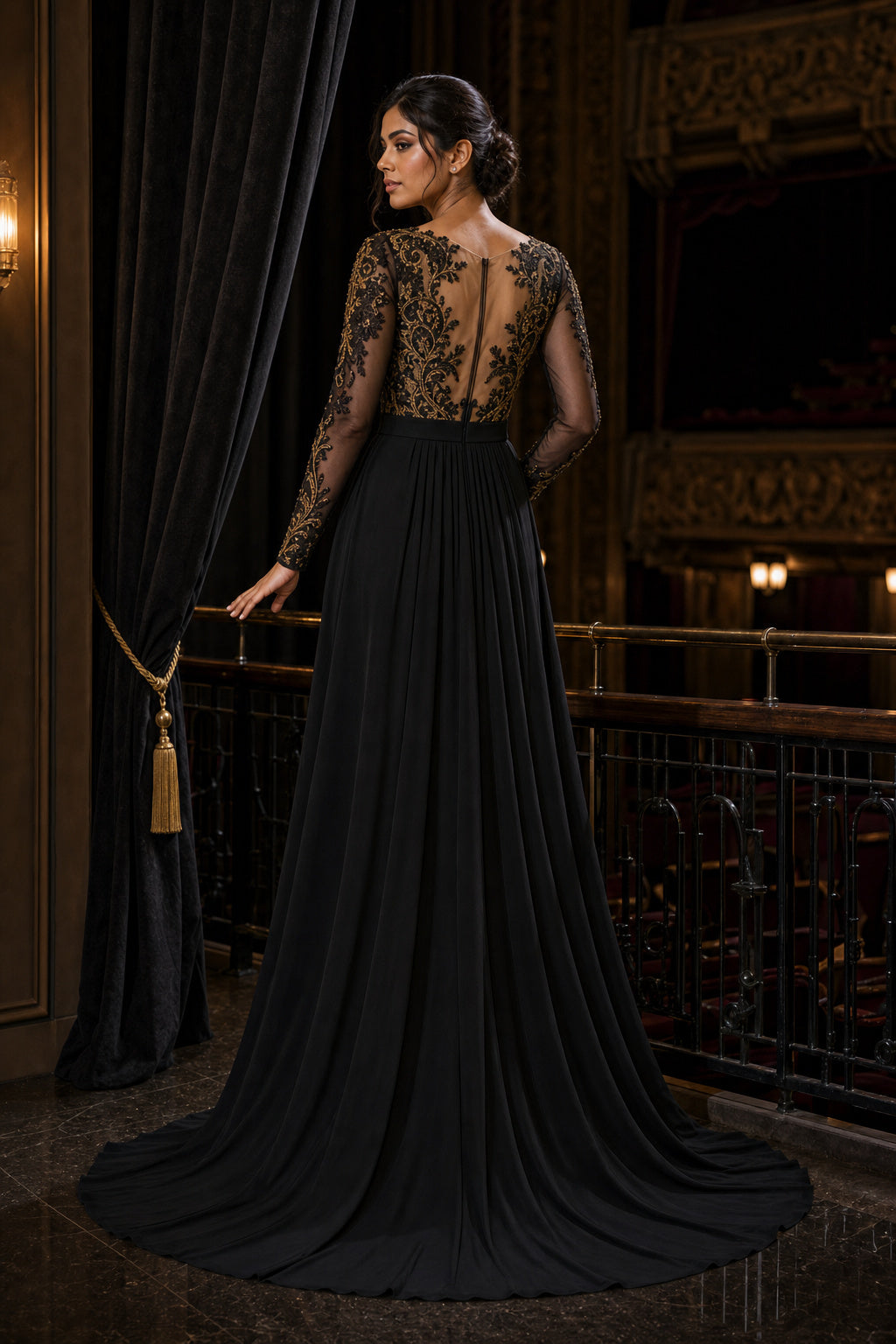 Black V-neck Long Sleeve A-Line Chiffon Floor-Length Dress With Illusion Lace Bodice