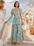 Green Amalfi Tile Square Neck Puff Sleeve Maxi Dress front view
