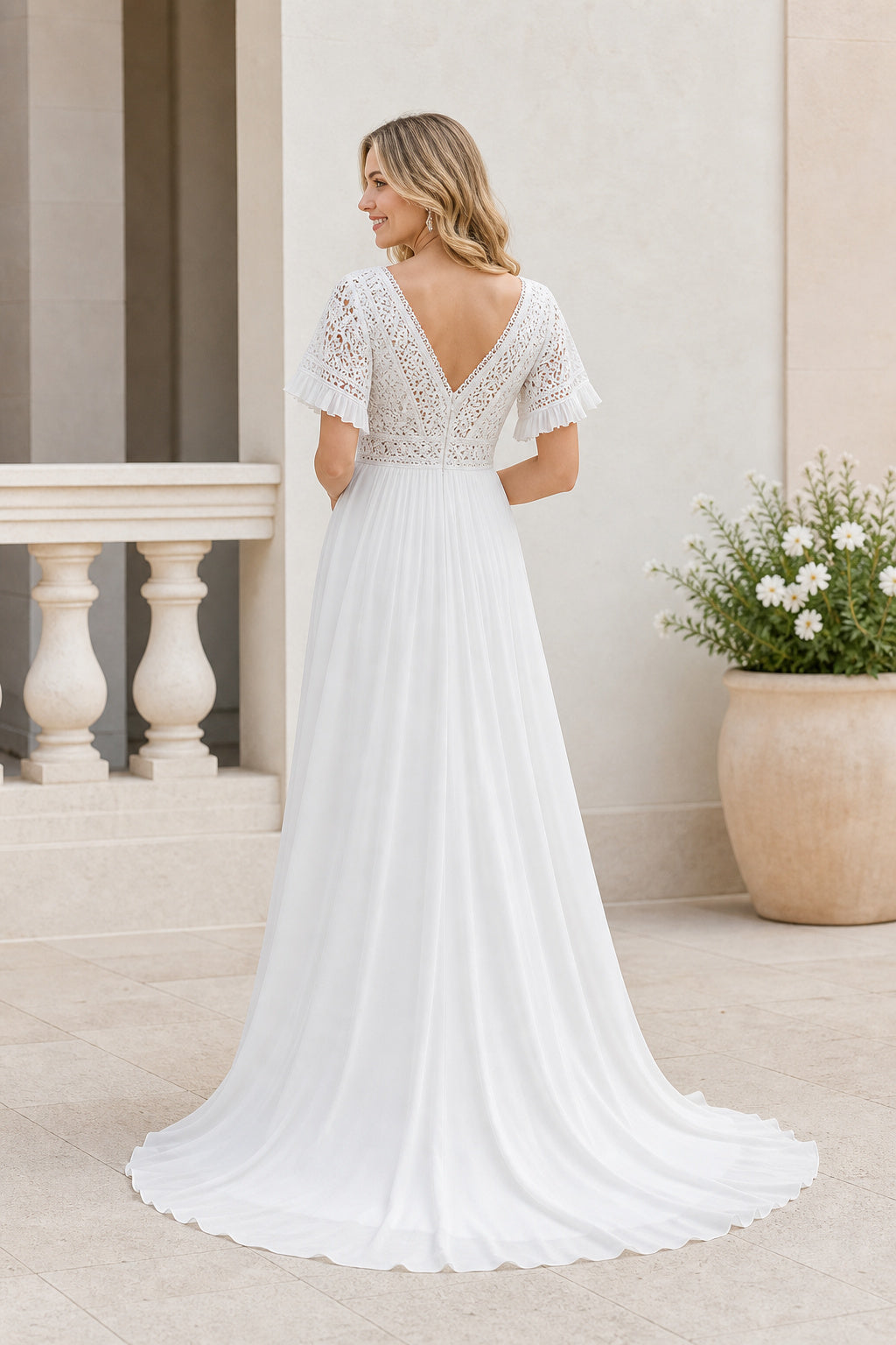 White Off-the-shoulder Long Sleeves A-Line Crepe Floor-length Wedding Dress With Sweep Train and Open Back