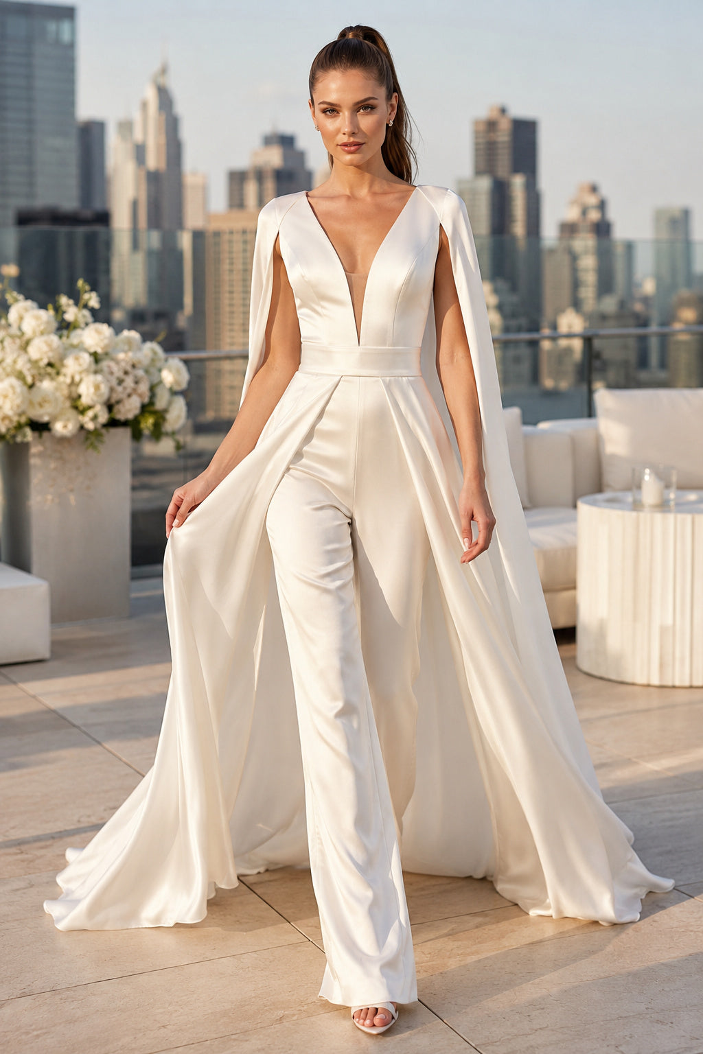 Deep V Bridal Jumpsuit with Long Cape Sleeves and Train front view