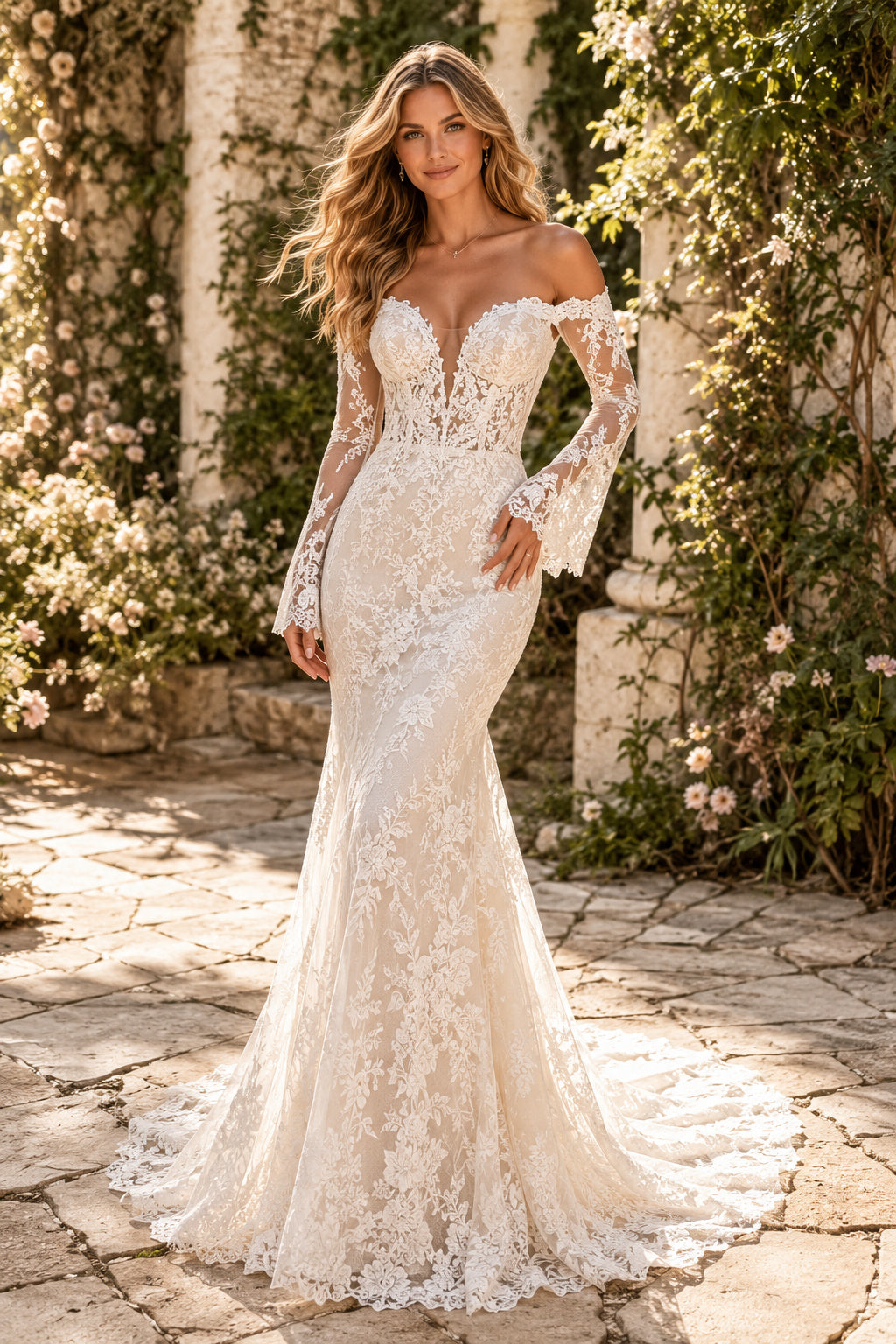 Ivory Off Shoulder Long Sleeve Lace Mermaid Wedding Dress Train for Wedding Ceremony and Reception front view
