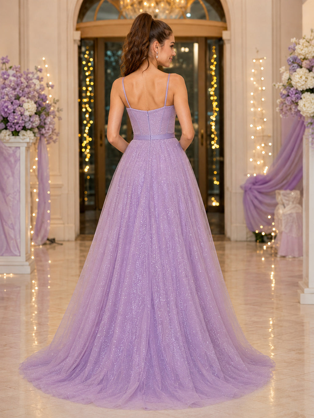 Lavender Glitter Tulle Spaghetti Strap Prom Gown With Slit back view