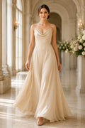 Ivory Cowl Neck Tulle A-Line Wedding Dress with Spaghetti Straps and Soft Layered Skirt front view