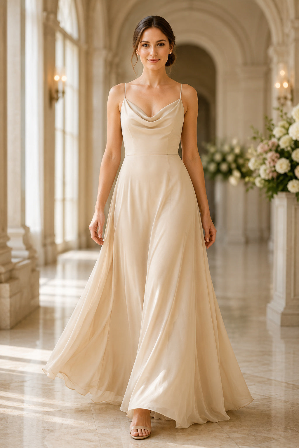 Ivory Cowl Neck Tulle A-Line Wedding Dress with Spaghetti Straps and Soft Layered Skirt front view