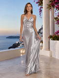 Silver Satin Draped Halter Neck Resort Evening Slip Gown front view