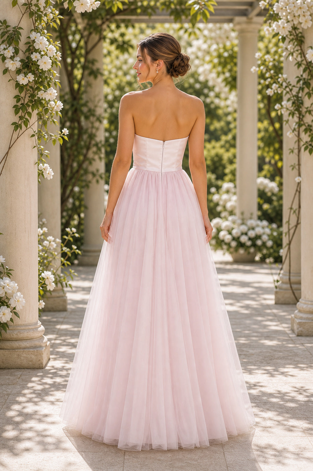 Blush Strapless A-Line Tulle Floor-length Formal Dress With Pleats and Tulle Skirt