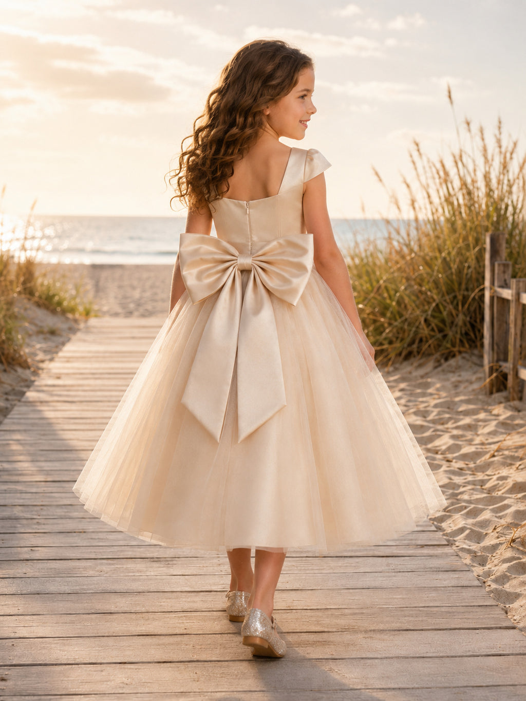 Elegant A-Line Flower Girl Dress with Square Neck Cap Sleeves Champagne Satin Back Bow Beach Ceremony back view