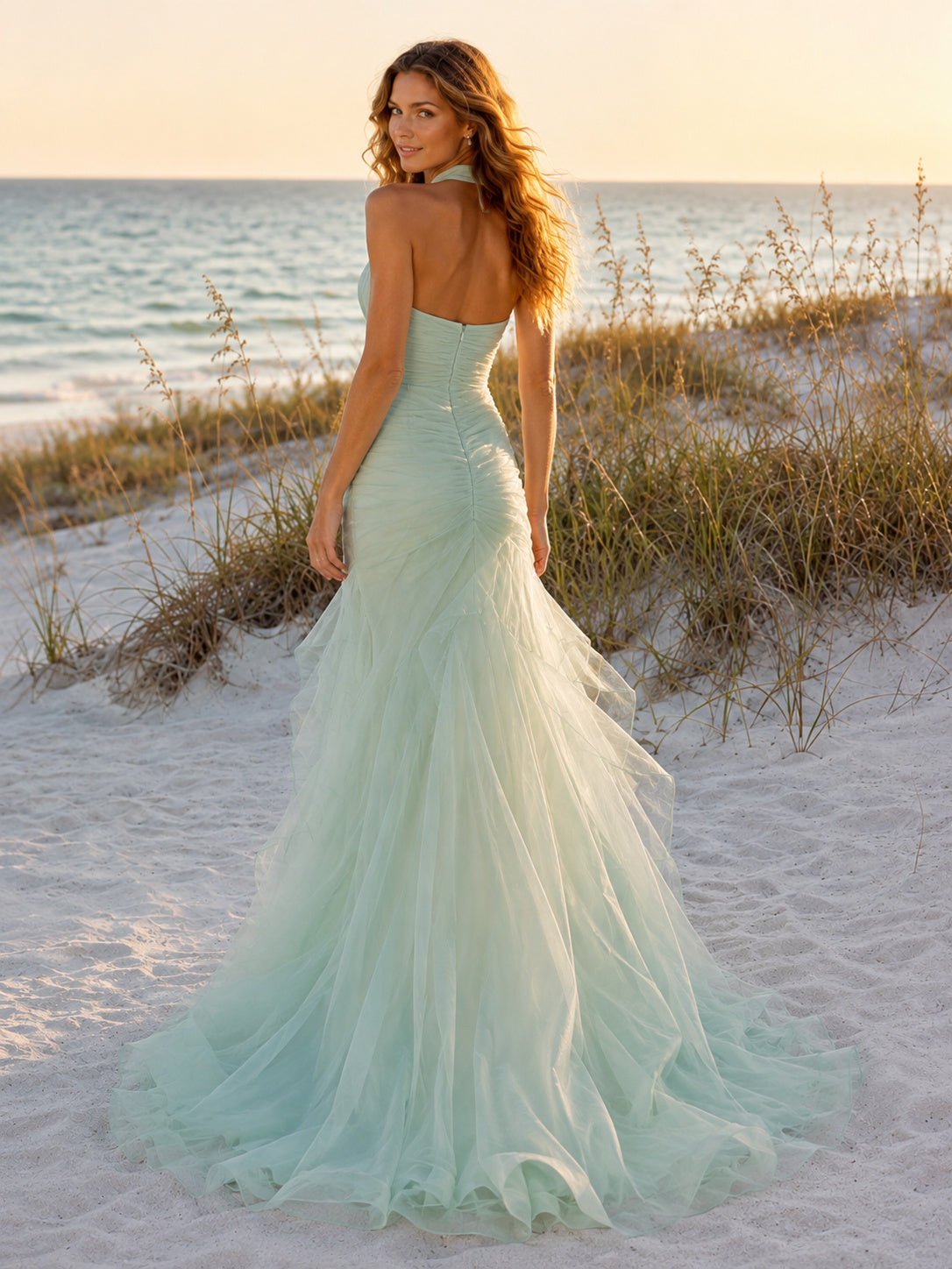 Mint Green Halter Keyhole Organza Mermaid Sweep Train Wedding Dress back view