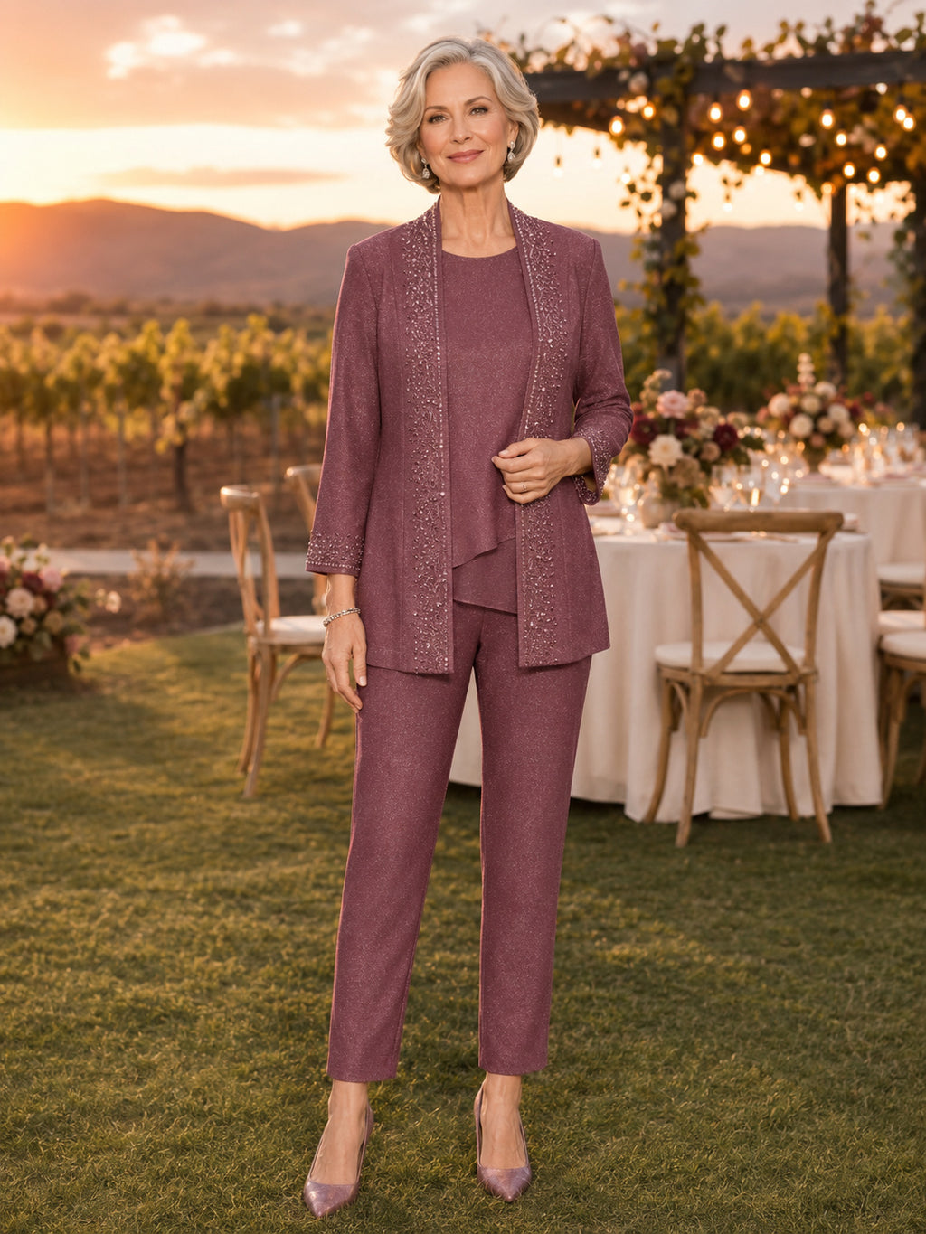 Vintage Mauve Luxury Glitter-Beaded Long-Jacket Tapered Mother of the Bride Pantsuit with Three-Quarter Sleeves and Embellish